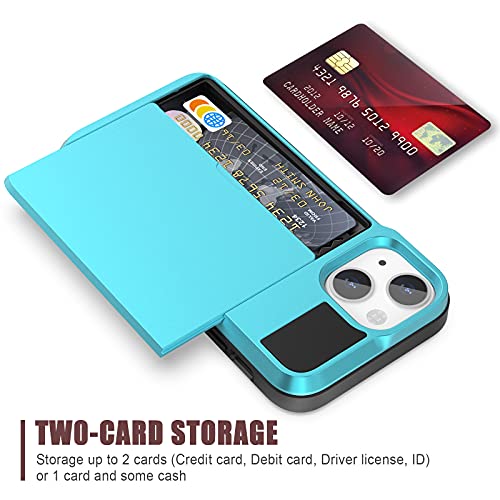 Anuck Case For Iphone 13 Mini Case With Card Holder, Shockproof Heavy Duty Wallet Case [Credit Card Slot][Slide Cover] Anti-Scratch Shell Dual Layer Armor Bumper Protective Phone Case 5.4",Light Blue #TOP2