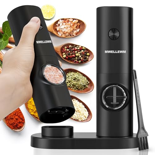 2Pcs Electric Salt and Pepper Grinder Set with Base Battery Powered with Adjustable 5 Levels of Coarseness Salt and Pepper Grinder Mill(Black)