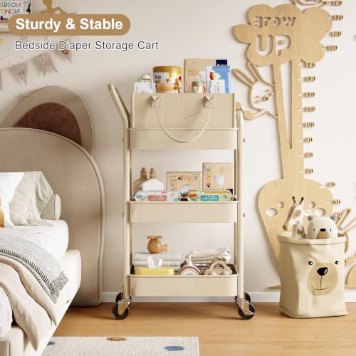 Image of Baby Diaper Caddy Organizer Cart with Detachable Dividers, 3 Tier Metal Bedside Storage Rolling Cart with Wheels for Nursery, Postpartum Cart and Organizers for Newborn Essentials & Supplies (Oatmeal)