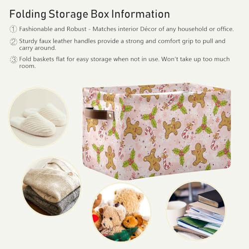 Image of Christmas Gingerbread Man Pink Storage Basket Fabric Kitchen Baskets Candy Cane Poinsettia Winter Open Home Storage Bins Boxes Foldable Organizer Bag for Xmas Decorations Baskets 16x12x8 Inches 2 Pack
