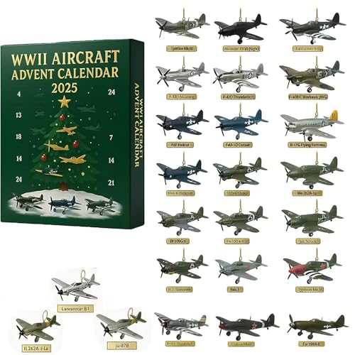 Wwii Aircraft Advent Calendars 2025, Christmas Countdown Calendar with 24 Days Mini Warbirds Ornaments, Miniature Aircraft Christmas Tree Decorations Xmas Holiday Gifts Party Favors