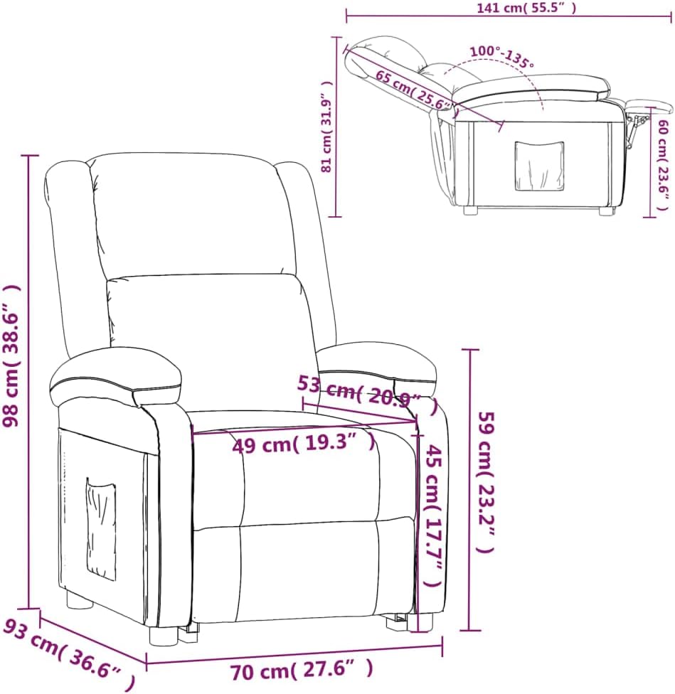 Schéma illustrant les dimensions du fauteuil inclinable