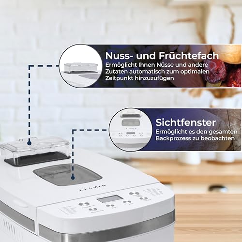 KLAMER Brotbackautomat, 14 Backprogramme, 3 einstellbare Bräunungsstufen, automatische Zubereitung von Brot, Kuchen, Pizzateig, Joghurt & Marmelade, Backform antihaftbeschichtet, Weiß – Bild 7