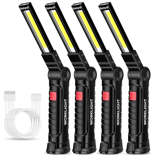 m MU 4 Pezzi Torcia LED Ricaricabile, Lampada da Lavoro Luminoso, USB Ricaricabile Lampade di Ispezione, Lampada portatile con Base Magnetica e Gancio Appeso, 5 Modalità per Riparazione Auto Emergenza