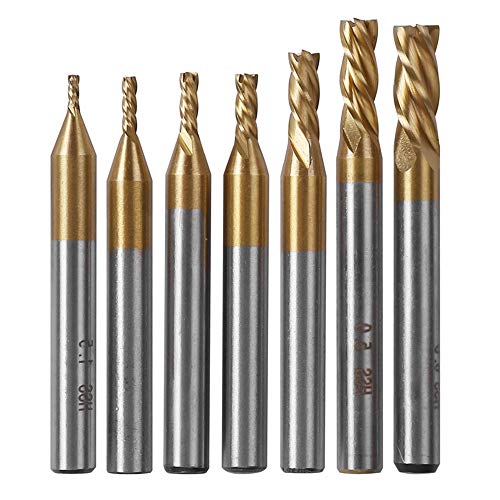 TOPPROS Pack of 7 4-Flute Titanium Coat Carbide End Mill Bits, 1.5mm - 6mm HSS CNC Straight Shank Drill Bits Cutter Tool Set for Wood Aluminum Steel Titanium