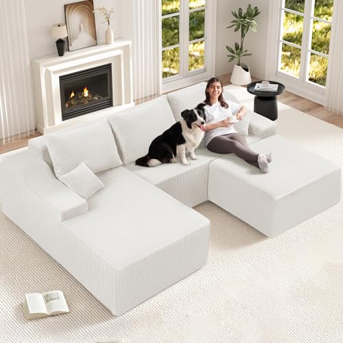 Image of HABUTWAY 94 inch U Shaped Modular Sectional Couch for Living Room, Modular Cloud Sofa with Ottoman, No Assembly Boneless Couches with Deep Seat, Corduroy Fabric (Beige, Left Facing)