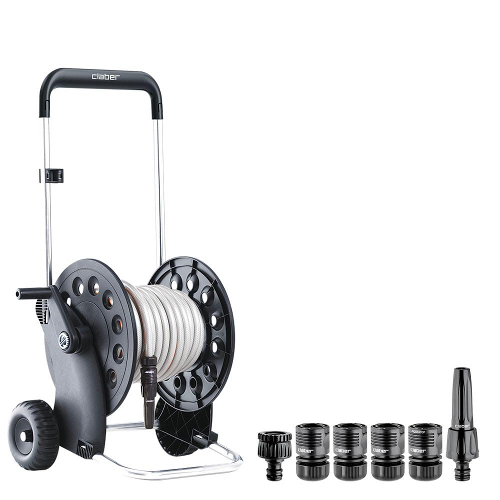 Claber Ecosei Kit, Schlauchwagen mit Schlauch und Jet-Sprüh-Düse, Schwarz