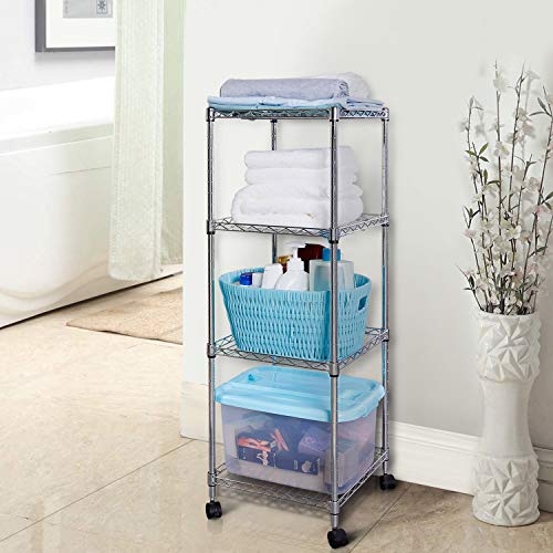 Lifewit 4 Tier Wire Shelving Unit Adjustable Storage Shelf Free Standing Unit Heavy Duty Corner Shelves with Wheels for Bathroom/Kitchen/Living Room,Silver