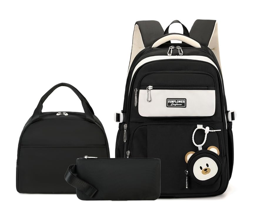 Girls Backpack Cute School Bag Set for College Middle High Elementary School Backpack for Teenagers Roomy Bookbag Set Black