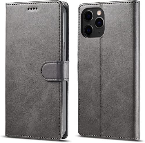 Étui portefeuille iPhone 14 Plus rabat cuir antichoc avec support gris