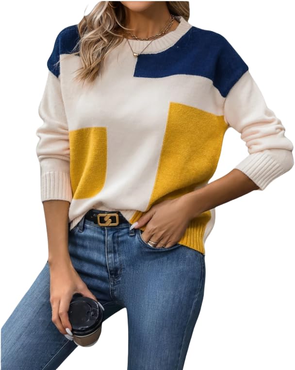 Women's Color Block Knit Sweater, Crew Neck, Navy Blue Yellow White2
