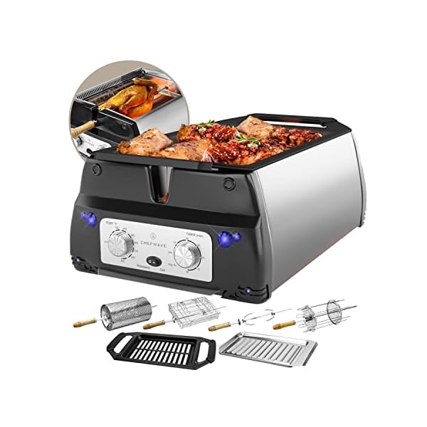 ChefWave Sosaku Smokeless Indoor Grill Removeable Plates Non-Stick Korean BBQ Electric Grill Indoor with Infrared Technology – Kebab Set, Fries Basket & Fish Cage, Rotisserie