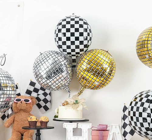 Image of 6pcs 22 Inch Gold Disco Ball Balloons, Silver Big Disco Balloons, Black White 4d Large Foil Balloon For Birthday Baby Shower Car Theme Party Wedding Engagement Celebration Graduation Decorations