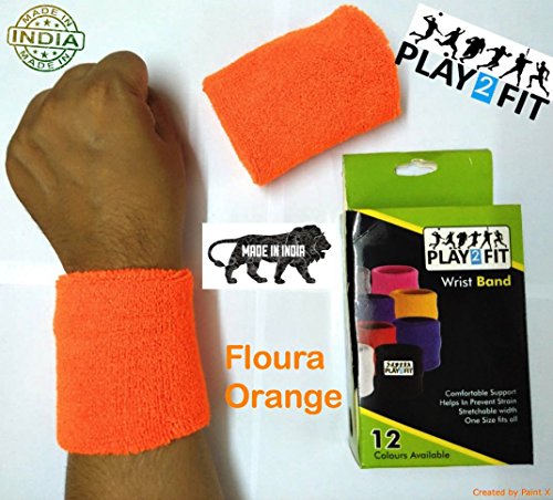 Image of Play2Fit 4 Wristband (2 Pair) Soft Sweatband for All Sport, Stretchable, Sweat Absorbent Supports Wrist Made in India (Fluora /Neon Orange, 5 Inch)
