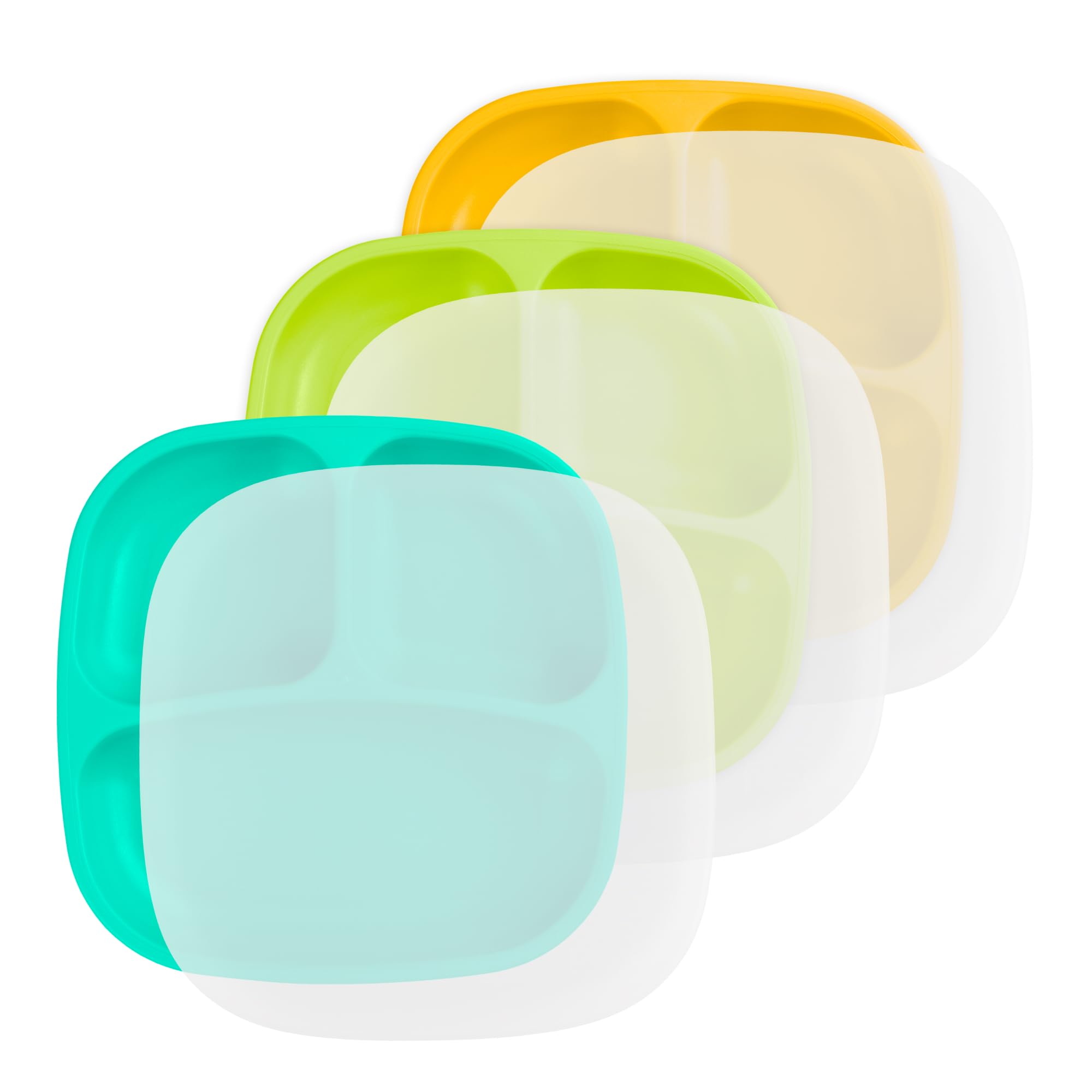 Re-Play Divided Toddler Plates Set of 3 - Deep-Walled 3 Compartment Kids Plates for Picky Eaters - Dishwasher &amp; Microwave Safe - BPA-Free - Made in USA, Aqua, Lime, Yellow