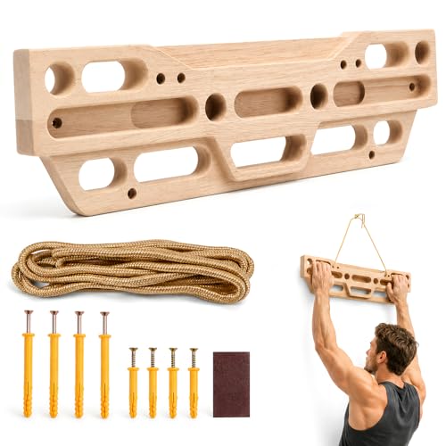 Climbing Hangboard Fingerboard Solid Beech Wood Rock Climbing Training Board with Wall Mount & Portable 3-M Rope Grip Strength Trainer Pull Up Board for Home Gym Bouldering