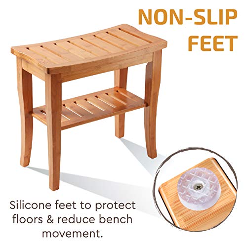 Premium Bamboo Shower Bench with Shelf - Wooden 2-Tier Bathroom and Shoe Organizer with Storage Shelf