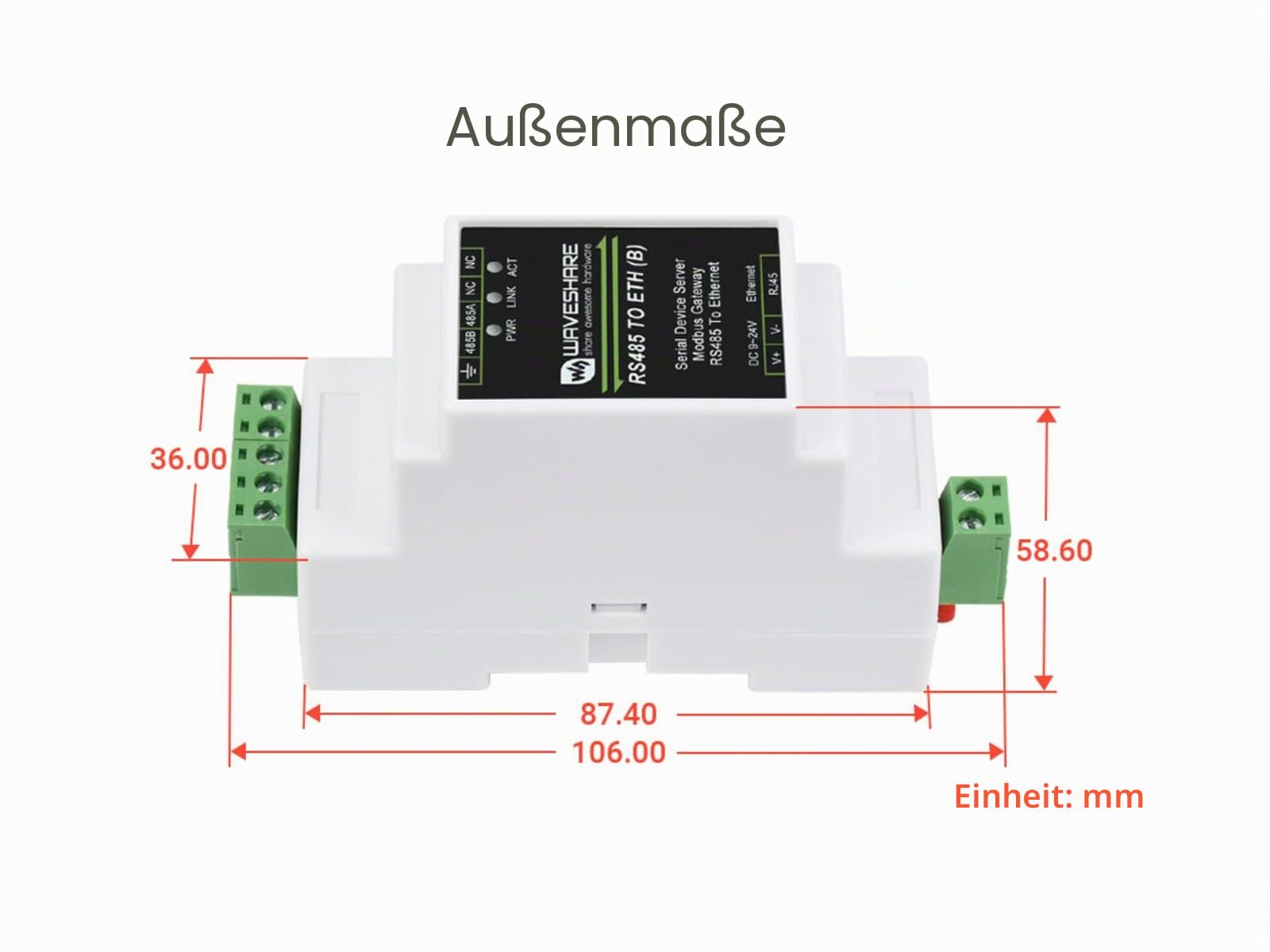 RS485 to RJ45 Ethernet Converter Module, Industrial Rail-mount RS485 Serial Server, TCP/IP to Serial, 300-115200 bps Baudrate, 10/100M Auto-Negotiation