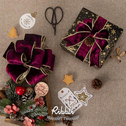 Image of Ribbli Burgundy Velvet Wired Ribbon 2.5 Inch Metallic Burgundy Red Gold Crushed Velvet Christmas Ribbon for Gift Wrapping Christmas Tree Decoration Crafts Wreaths Supplies-Continuous 10 Yards