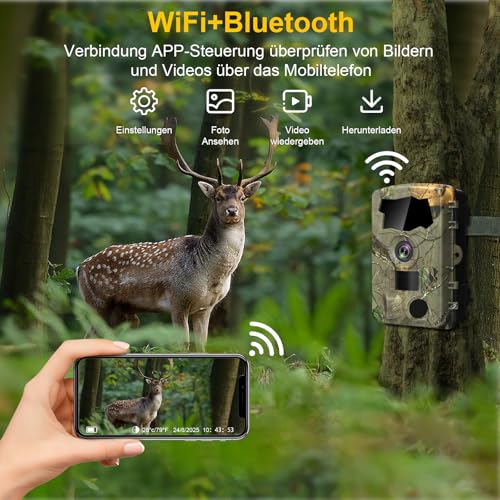 Lutranstra 5K Wildkamera WLAN, 64MP Full HD Wildkamera mit Handyübertragung App, Infrarot Wildtierkamera mit 64G SD Karte & 8*AA-Batterien, Bewegungssensor, Nachtsicht, 0,1s Auslösezeit, IP66