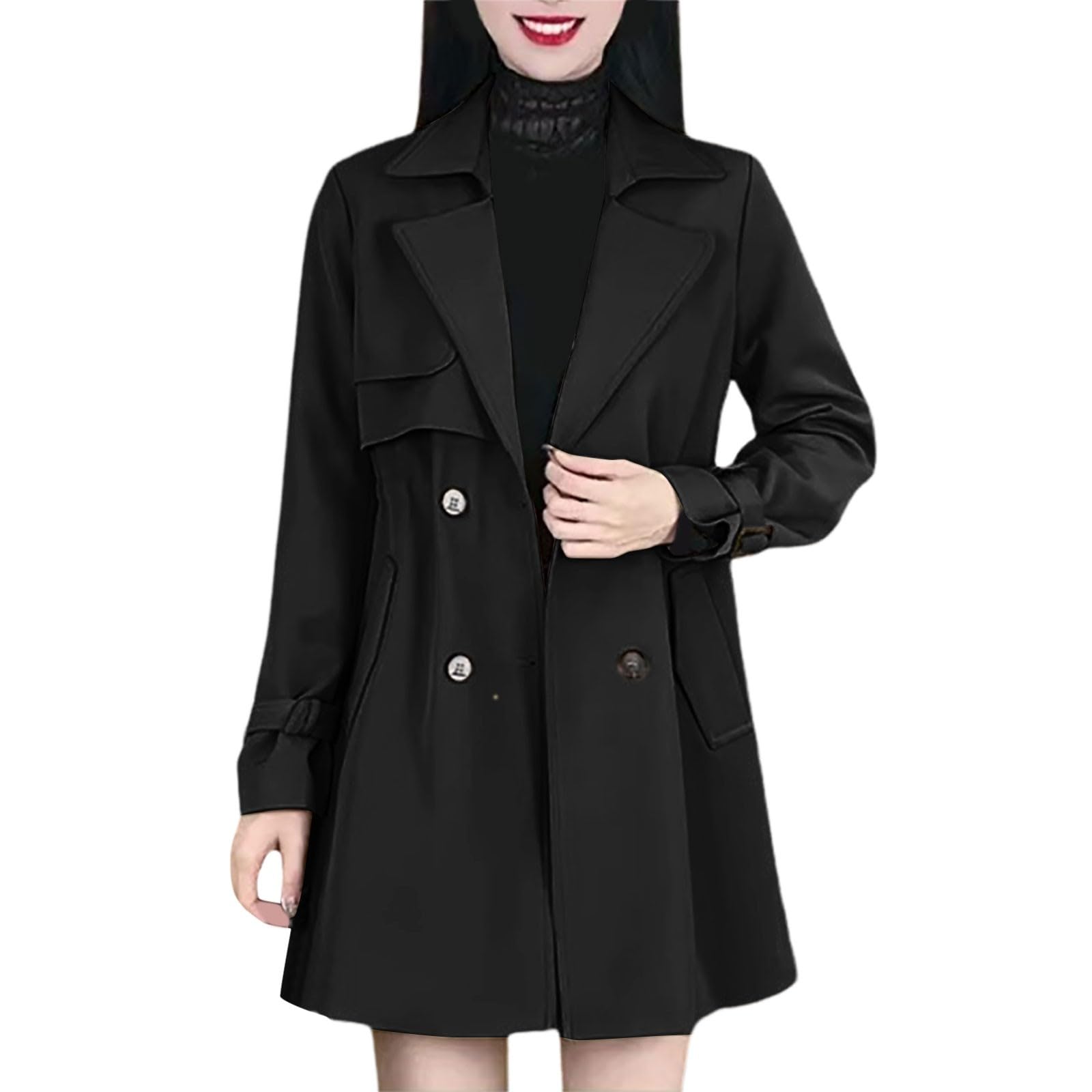 Trench confortable à revers cintré manteau léger à double boutonnage mi-long manteau mince mi-long veste softshell femme coupe droite, Noir , M