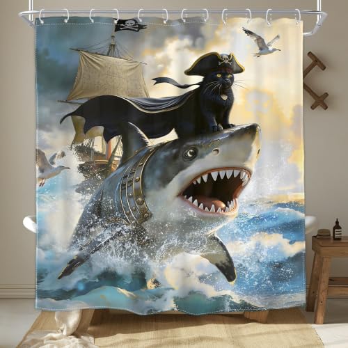 Image of Funny Black Cat Shower Curtain Kids Cute Animal Riding Shark Hilarious Surfing Cool Beach Ocean Waves Pirate Ship Cartoon 72Wx72H Inch Boys Men Waterproof Polyester Fabric Bathroom Bathtub