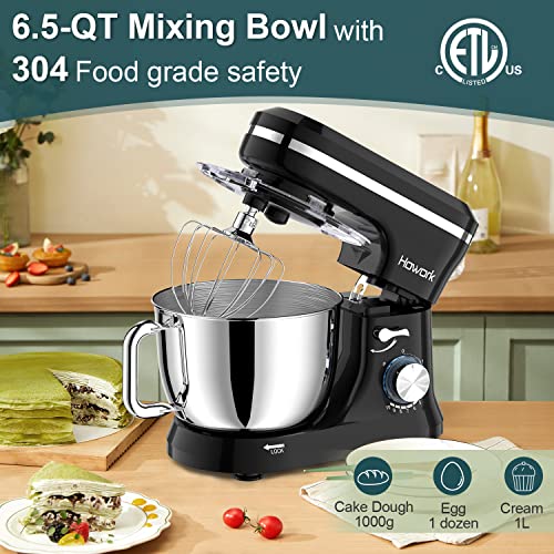 Image of HOWORK Electric Stand Mixer, 10+p Speeds Kitchen Mixers With 6.5QT Stainless Steel Bowl, Dough Hook, Wire Whip & Beater for Most Home Cooks (Black)