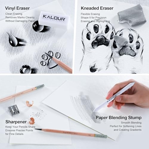 KALOUR 18-Piece Professional Sketch Pencil Set - Includes 5H to 14B Pencils, Vinyl Eraser, Kneaded Eraser,Sharpener and Paper Blending Stump -... - Image 6