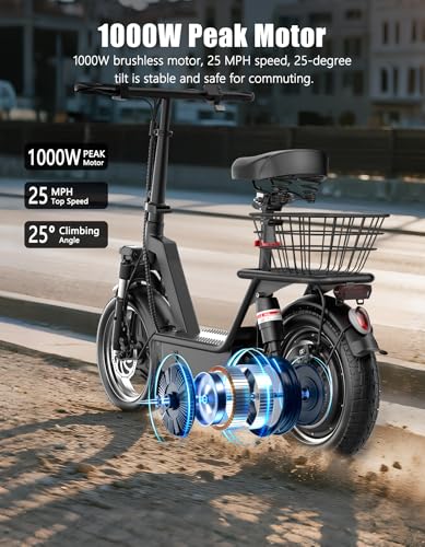 Electric Scooter for Adults, 1000W Peak Motor, 35 Miles of Range Scooter with Seat, 25 MPH Top Speed, 48V 13Ah Battery, Dual Suspension, Foldable E-Scooter with Rear Basket for Cargo, Commuting - Image 4