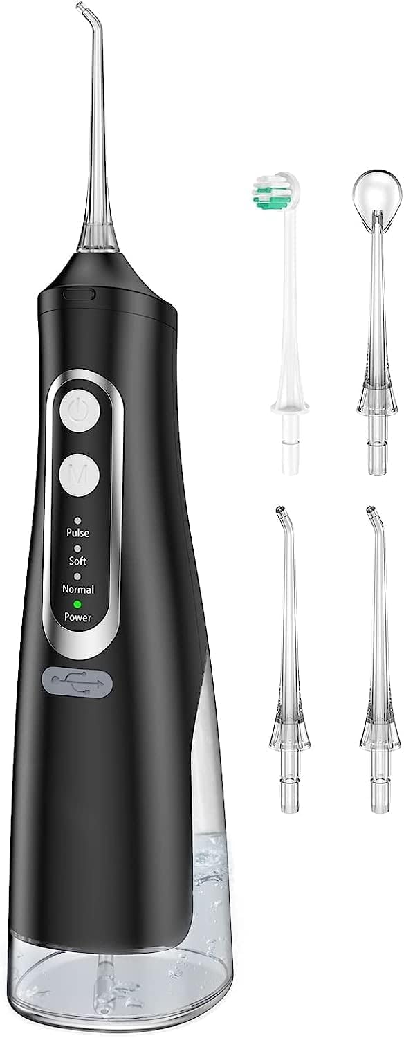 Irrigador bucal para limpieza de dientes, 4 modos, irrigador oral recargable, 4 puntas, potente duración de la batería