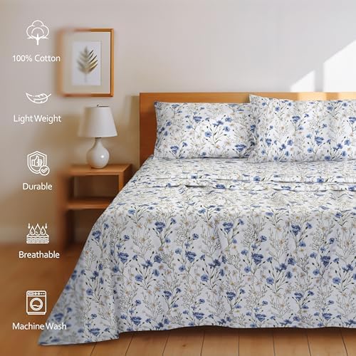 RUVANTI 100% Cotton Sheets – Queen Size Percale Bedding, Cooling & Breathable Floral Design, Durable with a Crisp, Soft & Comfortable Feel, 16" Deep Pocket, 4-Piece Set, Sweet Pea - Thumbnail 5