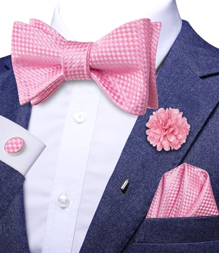 Image of Dubulle Self Tie Bow Ties and Lapel Pin for Men Paisley Solid Mens Bowtie and Handkerchief Cufflinks Set Wedding
