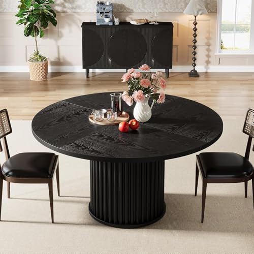 Image of Tribesigns 47.24-Inch Black Round Dining Table for 4-6 People, Modern Fluted MDF + Metal Base Kitchen Table, Sturdy Circle Dining Room Furniture, Black