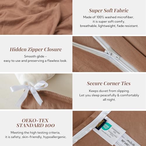 Image of MILDLY Duvet Cover Queen Ultra Soft Comforter Cover Set 3pcs, Mocha | Washed Microfiber Cotton-Like, Breathable Comfort, Hidden Zipper, 8 Corner Ties, OEKO-TEX Certified, Fade Resistant