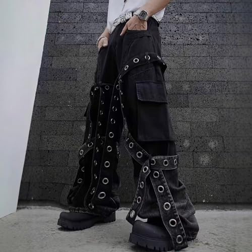 XYXIONGMAO Men's Gothic Baggy Wide Leg with Adjustable Straps Multi-Pockets Punk Techwear Y2K Streetwear Cargo Pants for Men2