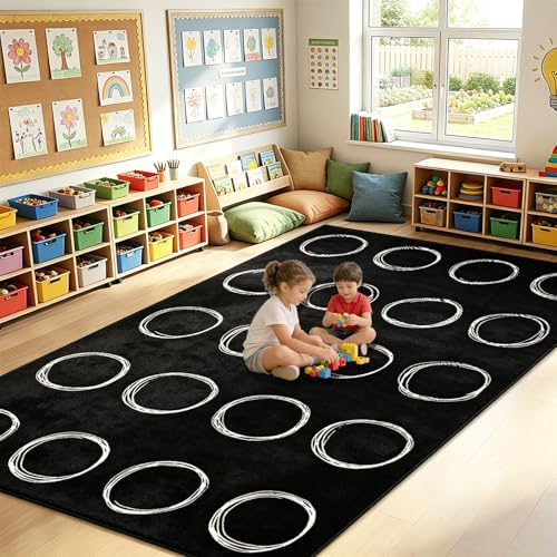 5x7.6 ft White Circles Abstract Classroom Rug Black and White Educational Area Mat Circle on Black Play Carpet Back to School Learning Mat for Preschool Playroom Nursery Kindergarten(Circles)