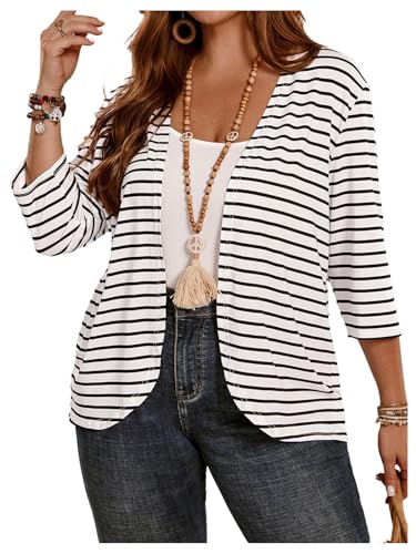MakeMeChic Women's Plus Size Cardigan Lightweight Striped Jacket Casual Long Sleeve Vacation Kimono Top Fall Fashion
