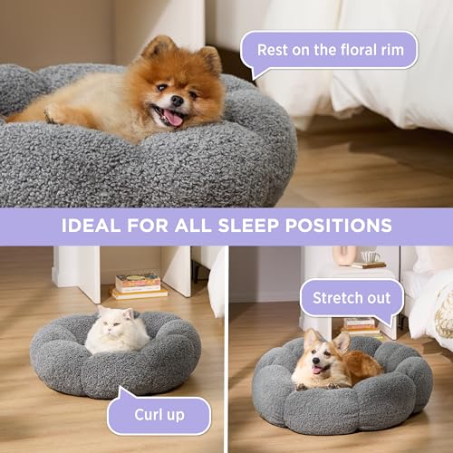 lesure calming large dog bed - flower donut round fluffy puppy bed in plush teddy sherpa non-slip cute flower dog beds large pet bed fits up to 100 lbs machine washable grey 3634