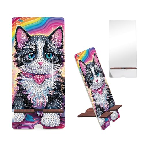 Image of Cute Cat Diamond Painting Phone Stand with Mirror, DIY Wooden Diamond Art Desktop Holder, 2-in-1 Multi-Functional Diamond Painting Tabletop Ornament for Home and Office