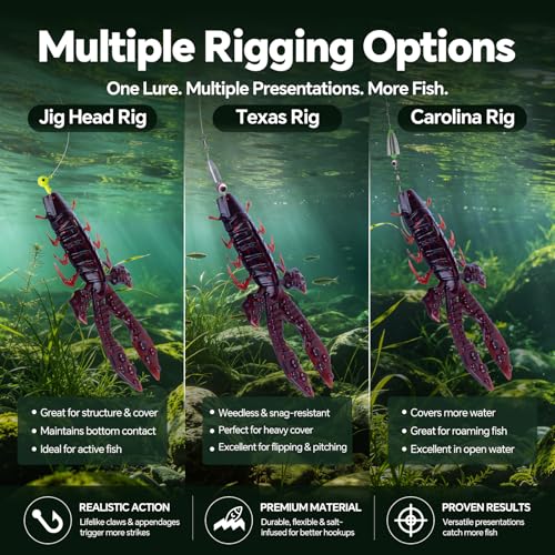 Image of Battle Craw Soft Plastic Crawfish Lures Kit with Removable Rattles | Salt Infused Creature Bait for Bass Fishing, Texas Rig & Jig Trailer Lure in Tackle Box, Realistic 1:1 Claw-to-body 4.1 /5.5in
