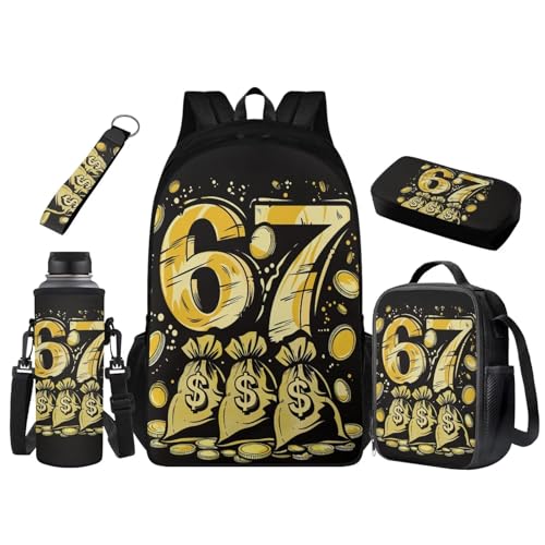 Pwoqzuy 5-in-1 Set 67 Backpack for Boys Girls Gold Coin Insulated Lunch Box Pencil Case Water Bottle Holder with Adjustable Strap Keychain Large Capcity Backpacks Cool Back to School Gifts for Kids