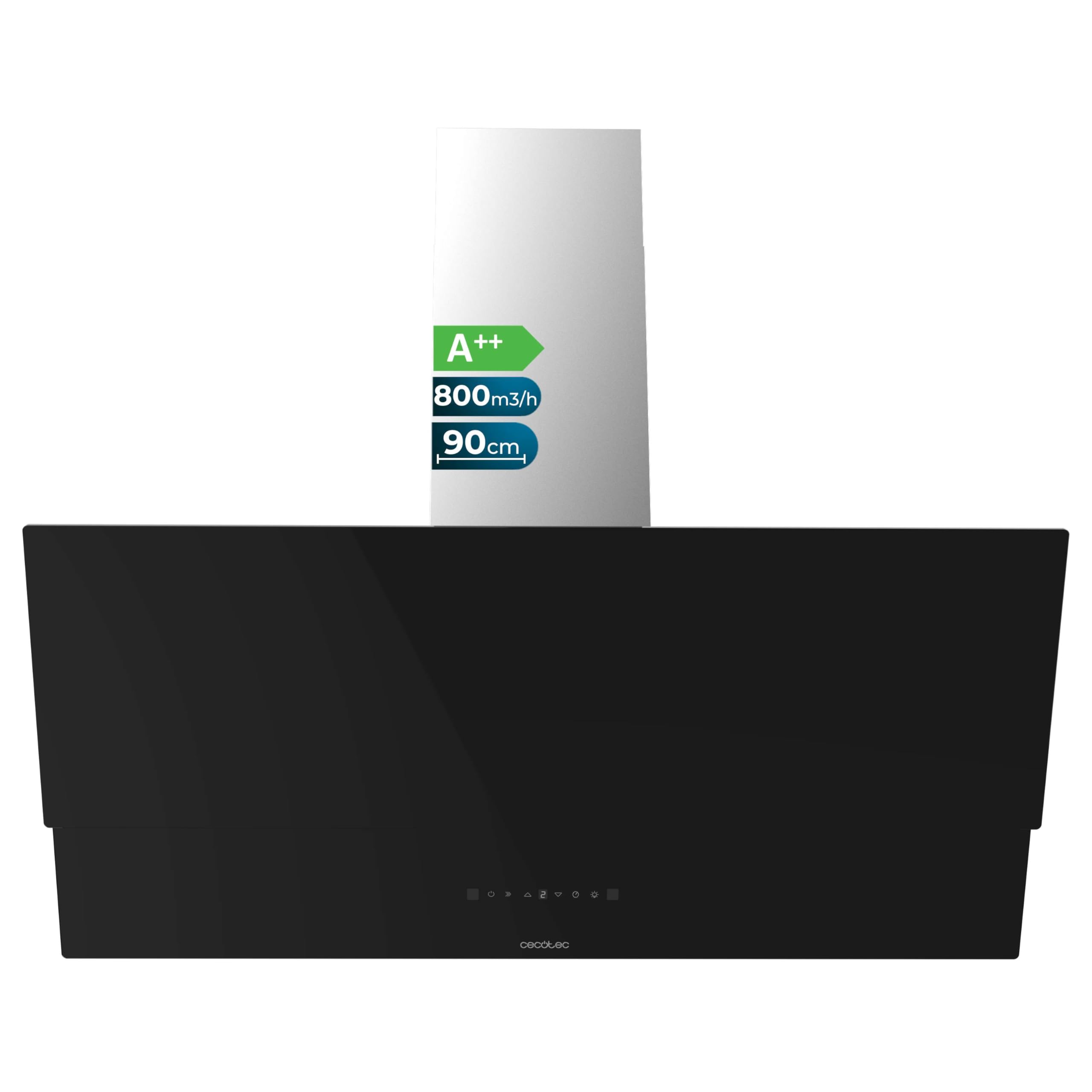 Cecotec Decorative Extractor Hood 90Cm Bolero Flux Dt 908001 Glass Black A++. Black Glass Finish, Stainless Fireplace, Suction 800M3/H, Motor 210W, Carbon Filter