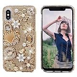 Mavis's Diary iPhone X Case, iPhone Xs Case, Full Edge Protective Plastic Case, 3D Handmade Crystal Clear Bling Diamonds Shiny Rhinestone Gold Floral Handbag Jewellery Hard PC Cover for iPhone X/XS