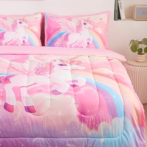 Image of Unicorn Bedding Twin Size for Girls 5 Piece,3D Colorful Pink Purple Unicorn Comforter Set for Girls, Ultra Soft and Fluffy, Rainbow Bed Set with Comforter Sheets Pillowcase & Sham