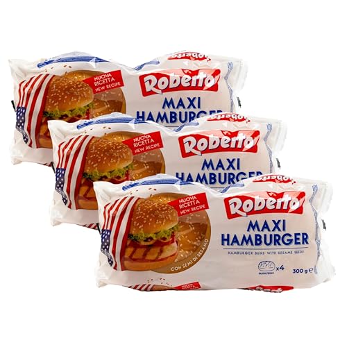 Roberto - 3er Pack Maxi-Hamburger Brötchen 'Super Soft' in 300 g Packung (Gesamt 12 Burger-Brötchen) - Original Weizen Burgerbrötchen Softbrötchen mit Sesam
