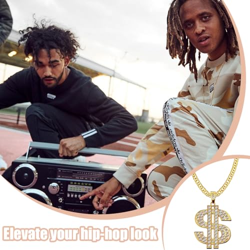 Dollar Kette Gold,Goldkette Fasching Hip Hop Rapper Kostüm 80er 90er Fette Herren Dollarkettingset Fake Goldene Dollar Sign Chain Dollarzeichen,für KarnevalKinder Hiphop Disco Outfit Accessoires
