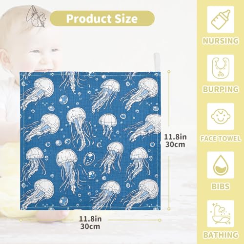 Image of vvfelixl Jellyfish Bubbles Baby Burp Cloths Baby Muslin Washcloths for Boys Girls Cotton Babys Face Towel for Newborn Infants Soft and Absorbent 11.8 X 11.8 in, 5 Pack