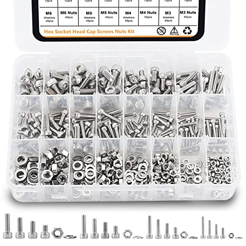 590PCS Bolts and Nuts Assortment, GTERNITY Metric M3 M4 M5 M6 Screws Assorted Hex Head Screws Nuts Washers Kit with Wrench, 304 Stainless Steel (Socket Head)