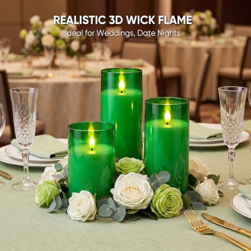 Image of Raycare Battery Operated Flameless Pillar Candles with Remote Timer, Green | LED Acrylic Candle with Festive Glow for Christmas Trees, Holiday Tables, Seasonal Parties, Family Gathering Gift, Set of 3