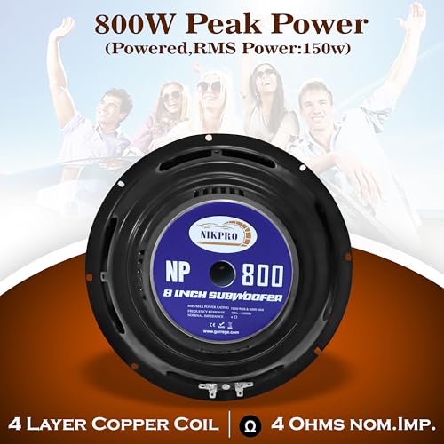 Image of NIKPRO 8-Inch Car Subwoofer Speaker | 800W Peak Power, 150W RMS | 4 Ohm | 4-Layer Copper Voice Coil | Deep Bass for Car, Home & Theater | Black & Orange